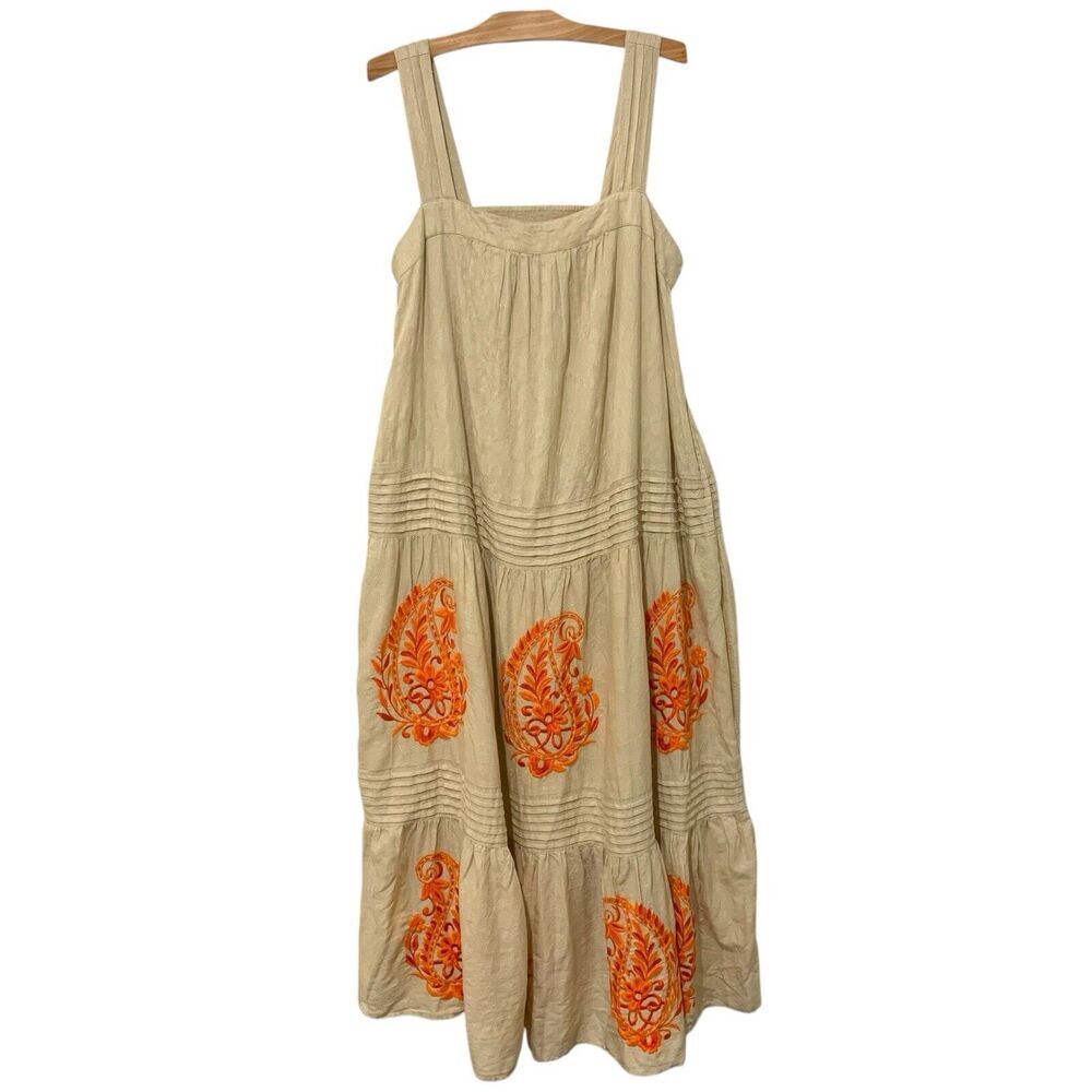 Anthropologie Beige Maxi Dress with Orange Paisley Embroidery